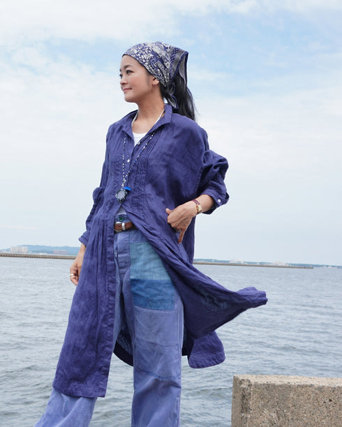 Linen Tuck Shirt Dress / Khakibeige・Frenchblue
